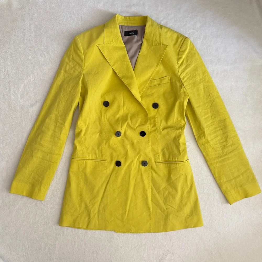 Theory | Linen Double Breasted Tailor Jacket Bright Lime Eco Crunch Wash $535 - Picture 16 of 16